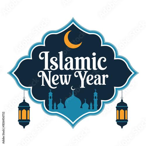 Vector illustration of an Islamic New Year celebration emblem with a mosque silhouette under a crescent moon and traditional lanterns