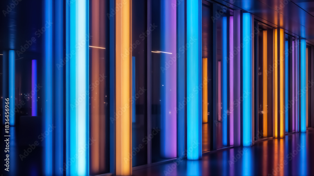 Obraz premium Modern architectural facade illuminated by vertical neon light tubes in vibrant shades of blue, purple, and orange creating a futuristic and dynamic nighttime urban scene