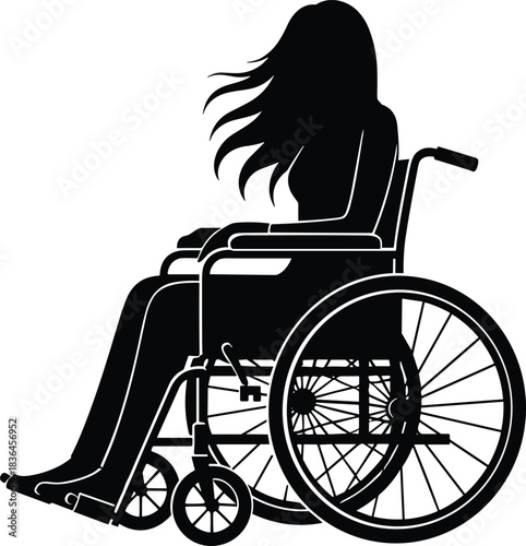Silhouette of woman sitting in wheelchair, disability mobility illustration representing accessibility, support, healthcare and inclusive design concept