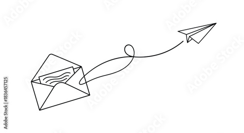 Minimalist single line drawing of an open envelope with a letter inside sending a paper airplane on a white background