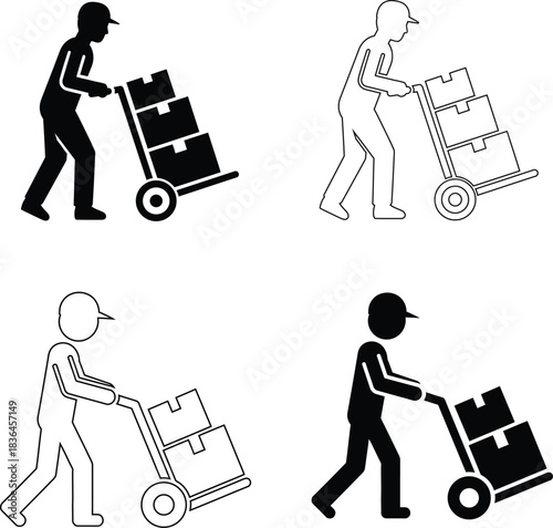 Delivery Man with Hand Truck Vector Icons – Courier and Moving Service Symbols