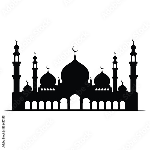Elegant black silhouette of an Islamic mosque, featuring prominent domes and slender minarets, symbolizing spiritual architecture, cultural heritage, and devotion