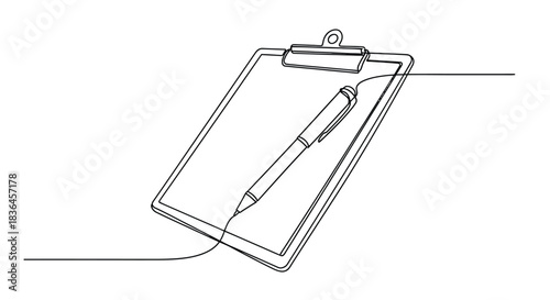 Minimalist single line drawing of a clipboard with a pen resting on it against a white background