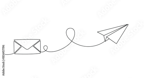 Minimalist single line drawing of a paper airplane in flight leaving a trail from an envelope symbolizing communication and message delivery
