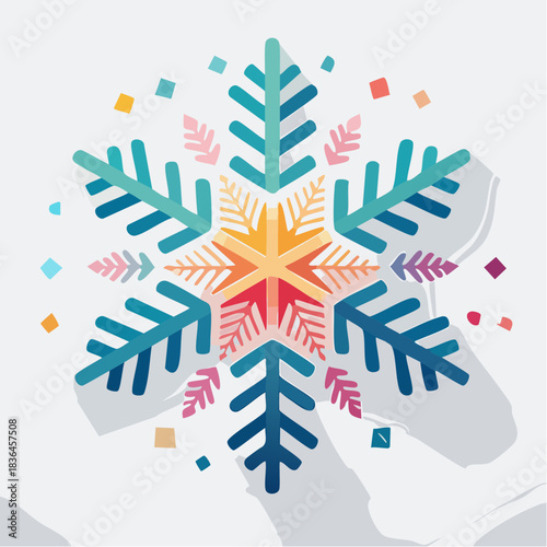 A vibrant, stylized snowflake illustration with a gradient of warm and cool colors, surrounded by small geometric shapes.
