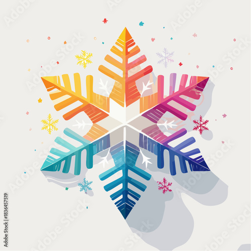 A vibrant, colorful snowflake illustration with a rainbow gradient and textured segments on a light background, surrounded by smaller flakes.