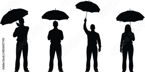 Silhouettes of adults holding umbrellas in various standing poses, depicting protection, weather readiness, and everyday outdoor lifestyle scenes