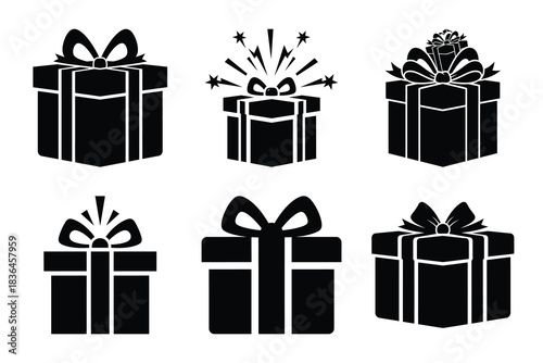Christmas gift box surprise icon set. Vector illustration of silhouette icons.