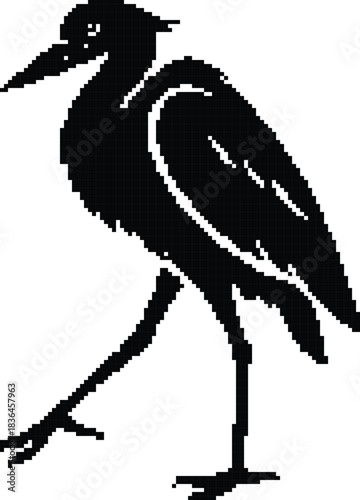 Pixelated black silhouette of a standing bird vector, Pixel bird upright retro silhouette