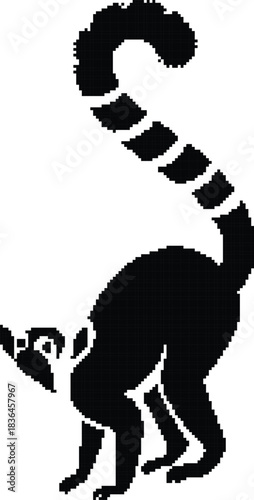 Pixelated black silhouette of a lemur with ringed tail, Pixel lemur tail curled retro design