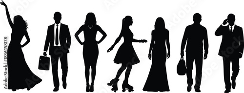 Silhouettes of men and women in business, casual and fashion poses, walking, standing, dancing characters for creative vector illustration