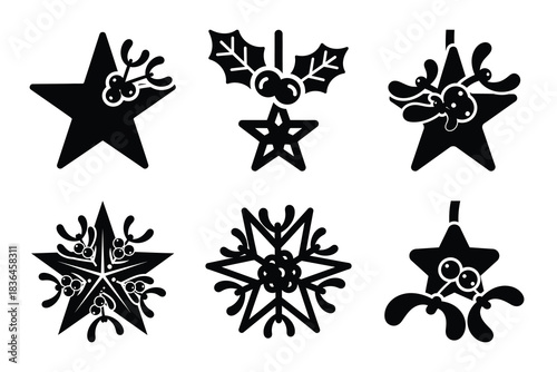 Christmas mistletoe star icon set. Vector illustration of silhouette icons.