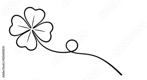 Elegant minimalist black line art drawing of a four leaf clover with a curling stem on a white background symbolizing good luck and fortune