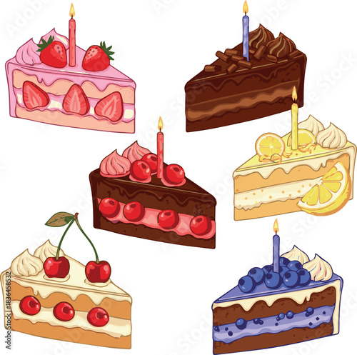 Create kinds of Birthday cake slices clipart set. Cake dessert slice elements clip art in strawberry, chocolate, lemon, cherry and blueberry sweet flavors collection for party celebration vector