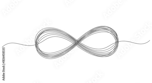 A continuous hand drawn grey line forming an infinity symbol on a clean white background representing eternity and endlessness