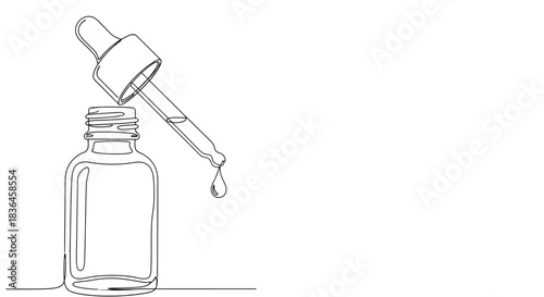 Minimalist continuous line drawing of a glass dropper bottle with a single drop of liquid falling from the pipette