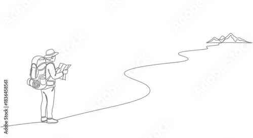 A lone hiker with a large backpack consults a map while standing on a path leading towards distant mountains in a minimalist line drawing