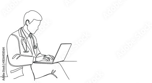 Minimalist continuous line drawing of a doctor wearing a stethoscope and typing on a laptop computer