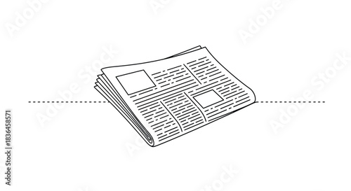 A folded newspaper with text and images depicted in a simple black and white line drawing style on a white background