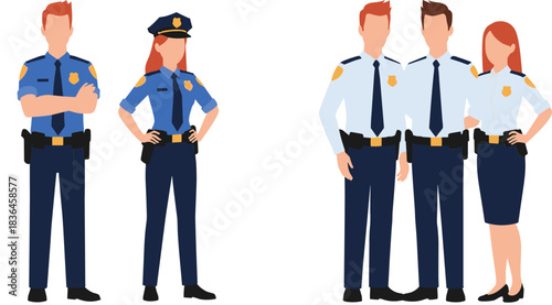 Police officer team illustration with male and female officers in uniform, standing in pairs and group composition