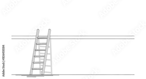 A simple line drawing of a wooden ladder leaning against a horizontal bar with its shadow cast on the ground below
