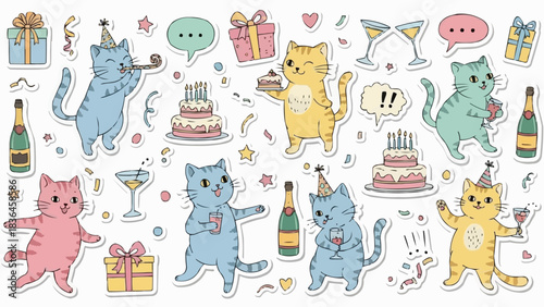 Festive Cats Celebrating with Cakes and Champagne in a Cheerful Gathering.