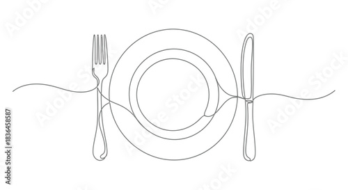 Minimalist continuous line drawing of a dinner plate with a fork and knife on a white background representing dining and food