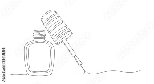 Minimalist single line drawing of an open nail polish bottle with its brush extending outwards on a white background
