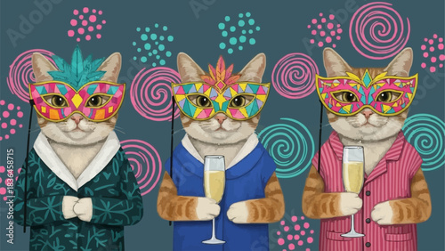 Three anthropomorphic ginger cats in colorful masquerade masks and jackets.