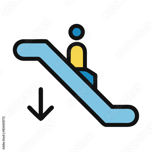 Escalator with passenger icon, downward direction on black background