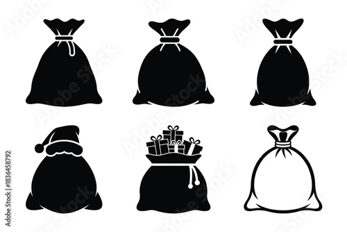 Christmas santa sack full icon set. Vector illustration of silhouette icons.