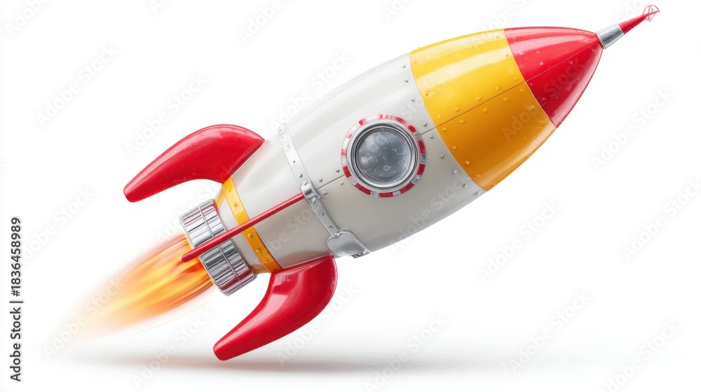 Obraz premium A rocket is flying through space with a red and yellow body. The rocket is in motion and he is heading towards a distant planet. Concept of adventure and exploration