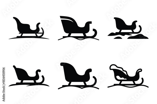 Christmas sleigh snow icon set. Vector illustration of silhouette icons.