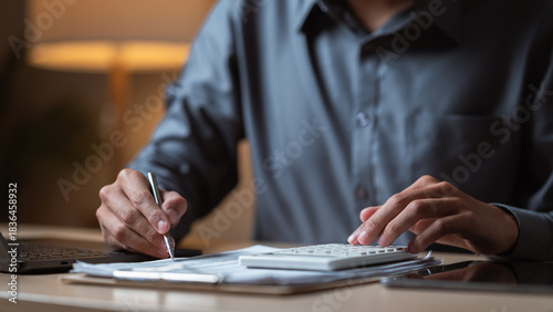 A person reviewing financial documents and using a calculator to manage monthly budgeting and expenses. Finance concept. Monthly finance planning. Financial lifestyle concept.