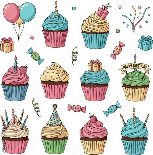 Create kinds of Cupcake birthday elements clipart set. Birthday cupcake drawing clip art collection birth day sweet cake delicious party food vector illustration white background.