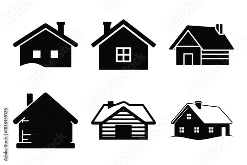 Christmas snowy cabin icon set. Vector illustration of silhouette icons.