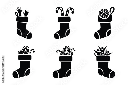 Christmas stocking cheer icon set. Vector illustration of silhouette icons.