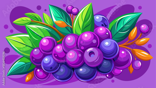 A vibrant bunch of purple berries arranged against a matching purple background. Bright, colorful composition emphasizing freshness, natural textures, and minimalistic botanical aesthetics