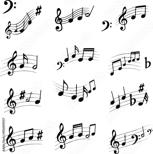 Create kinds of Vector flying notes isolated Block Silhouette on white background.