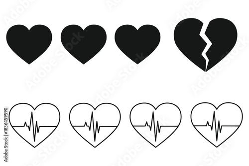 Four solid hearts and four electrocardiogram hearts showing a progression from whole to broken