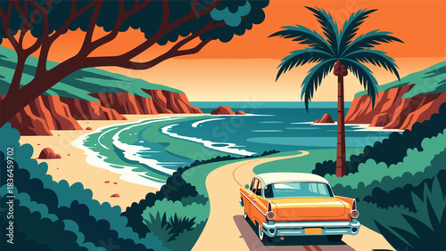 Coastal Road Trip Retro Car on a Scenic Route with Ocean Views