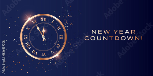 New Year Countdown background - shining golden clock on dark blue midnight background - luxury festive vector illustration