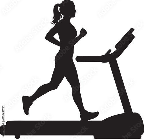 Woman running on treadmill silhouette, dynamic fitness exercise and healthy lifestyle icon graphic design.
