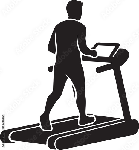 Silhouette of a person running or walking on a treadmill, symbolizing fitness, exercise, and health.