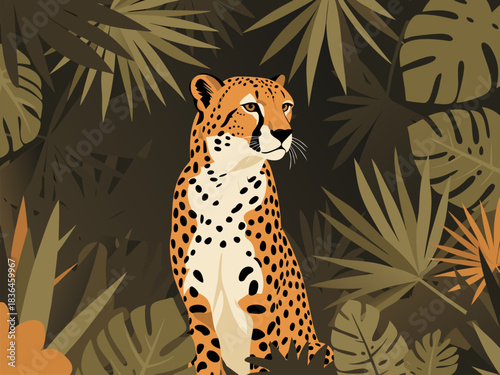Captivating Spotted Cheetah Amidst Dense Tropical Jungle Leaves, a Vibrant Vector Illustration Showcasing Wild Nature