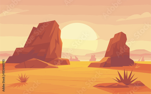 A stylized flat-vector desert scene with towering monolith rocks, glowing golden light, textured sandy ground, and sparse desert plants in a geometric style