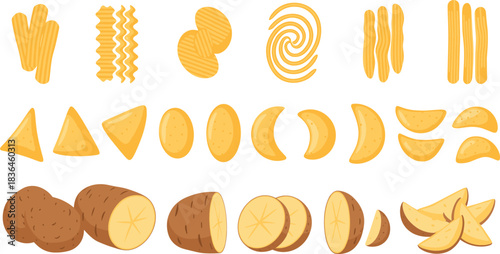 Potato cutting styles illustration showing whole potatoes, slices, wedges, fries, chips, and spiral shapes isolated