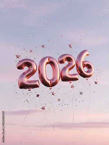 Creative 2026 New Year balloon numbers in rose gold foil. Pastel pink sky background with clouds and sparkles.
