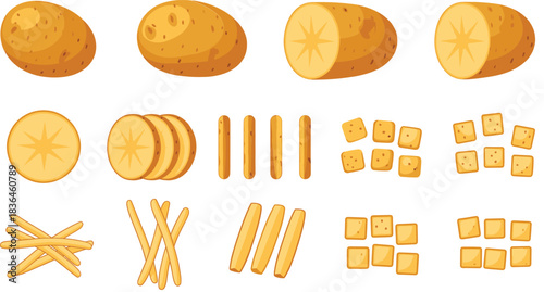 Potato vegetable illustration showing whole potatoes and assorted cuts including slices, fries, sticks, and cubes