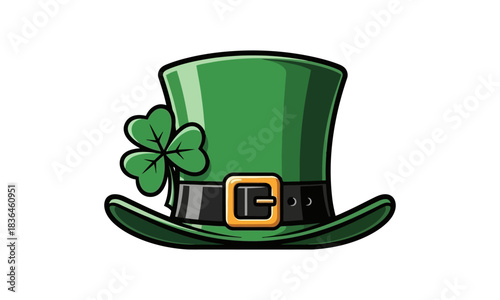 A classic green leprechaun top hat adorned with a lucky shamrock and a gold buckle, symbolizing Saint Patrick's Day